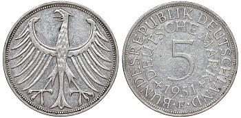 ФРГ 5 марок 1951 F, KM 112.1, J.387 серебро 4178-842