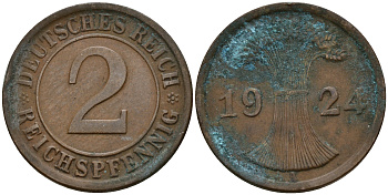 Германия 2 рейхспфеннига 1924 A J.314 KM 38 бронза    4598-747