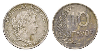 Перу 10 сентаво 1926 UN MIL NOVECIENTOS VEINTISEIS KM 214 медно-никель 4651-933