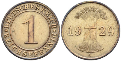 ГЕРМАНИЯ 1 РЕЙХСПФЕННИГ 1929 A KM 37, J. 313, Weege 2 бронза 4547-137