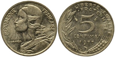 ФРАНЦИЯ 5 САНТИМОВ 1977 ТИП MARIANNE KM 933 медь алюминий никель 261-649