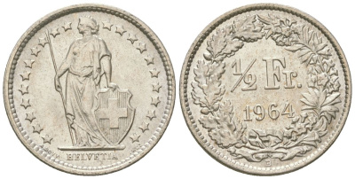 Швейцария 1/2 франка 1964 B KM 23 серебро UNC 4615-1016