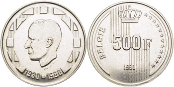Бельгия 500 франков 1990 Belgie, 60 лет королю Бодуэну I KM 178 серебро 1519-125