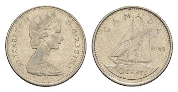 Канада 10 центов 1969 Елизавета II (1952-2022), парусник KM 77 никель 4639-622