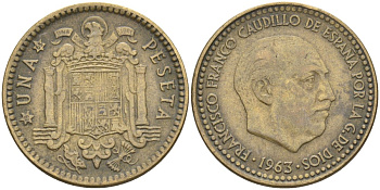 Испания 1 песета 1963 (65) Франсиско Франко (1939-1975) KM 775 алюминиевая бронза 4604-336