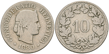 Швейцария 10 раппенов 1880 В KM 27 медно-никель 08-1423