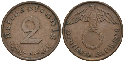 Германия 2 рейхспфеннига 1938 A KM 90, J. 362 бронза 4147-1258