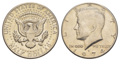 США 1/2 доллара (50 центов) 1974 D, Джон Кеннеди KM 202b медь плакированная медно-никелем aUNC 4120-935