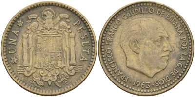 Испания 1 песета 1963 (65) Франсиско Франко (1939-1975) KM 775 алюминиевая бронза 4604-336