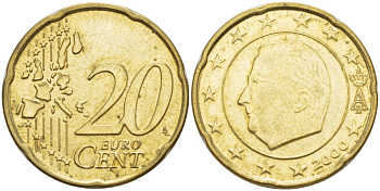 БЕЛЬГИЯ 20 ЕВРОЦЕНТОВ 2000 АЛЬБЕРТ II KM 228 латунь 4543-422