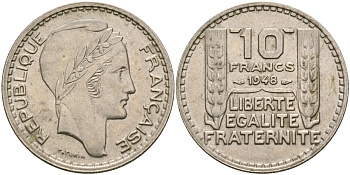 Франция 10 франков 1948 тип Пьер Турин KM 909.1, Le Franc 362.3 медно-никель 4137-625