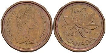КАНАДА 1 ЦЕНТ 1988 КЛЕНОВЫЙ ЛИСТ, ЕЛИЗАВЕТА II KM 132 бронза 54-459