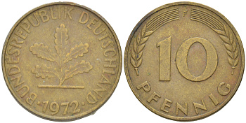 ФРГ 10 ПФЕННИГОВ 1972 F KM 108, J. 383 сталь плакированная латунью 4182-826