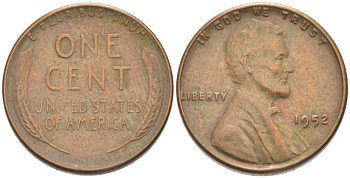 США 1 ЦЕНТ 1952 ЛИНКОЛЬН KM А132 медь цинк 218-567