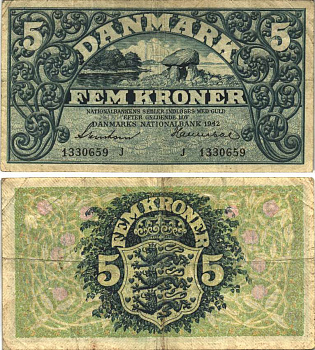 Дания 5 крон 1942 СЕРИЯ J Pick 30h бумага 8589-7-3-2