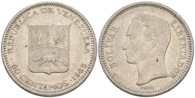Венесуэла 50 сентимо 1965 Симон Боливар KM 41, Schon 51 никель 186-822