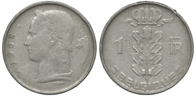 БЕЛЬГИЯ 1 ФРАНК 1958 BELGIQUE KM 142.1 медно-никель 72-1656