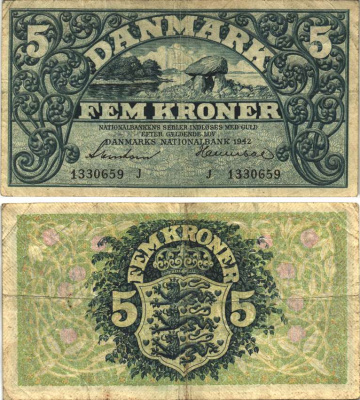 Дания 5 крон 1942 СЕРИЯ J Pick 30h бумага 8589-7-3-2