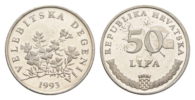 Хорватия 50 лип 1993 цветы Дегения велебитская, легенда на хорватском KM 8 сталь плакированная никелем UNC 4651-548