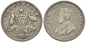 Австралия 3 пенса 1918 М, Георг V (1910-1936) KM 24 серебро 4528-353