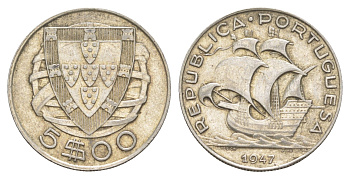 Португалия 5 эскудо 1947 KM 581 серебро 4652-131