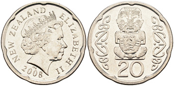 Новая Зеландия 20 центов 2008 Елизавета II (1952-2022), идол Пукаки KM 118а никелированная сталь 4579-1212