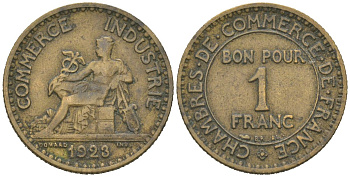 Франция 1 франк 1923 KM 876 алюминиевая бронза 113-822