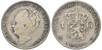 Нидерландское Кюрасао 1 гульден 1944 D, Вильгельмина (1890-1948) KM 45 серебро 36-223