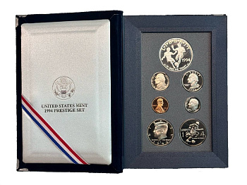 США годовой набор из 7 монет (1, 5, 10 (дайм), 25 (1/4 доллара, квотер) и 50 центов (1/2 доллара); 1 доллар) 1994 Чемпионат мира по футболу 1994, в оригинальной коробке, с сертификатом KM 201b, A192, 195a, 164a, A202b, 246 и 247 PROOF 3-5-2-06