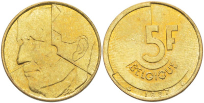 БЕЛЬГИЯ 5 ФРАНКОВ 1987 BELGIQUE, БОДУЭН I (1951-1993) KM 163 латунь или алюминиевая бронза 4546-253