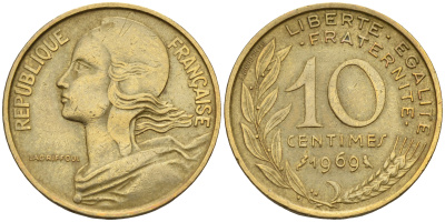 Франция 10 сантимов 1969 тип Марианна KM 929 медь алюминий никель    4152-1232