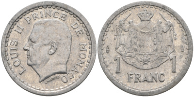 Монако 1 франк 1943 Луи II (1922-1949) KM 120 алюминий    4177-327