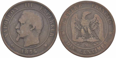 ФРАНЦИЯ 10 САНТИМОВ 1855 MA, НАПОЛЕОН III (1852-1870) KM 771.6, LE FRANC 133.29 бронза 38-1032