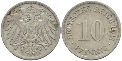 ГЕРМАНИЯ 10 ПФЕННИГОВ 1911 F KM 12, J. 13 медно-никель 31-1124