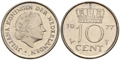 Нидерланды 10 центов 1977 Юлиана (1949-1980) KM 182 никель    4598-334