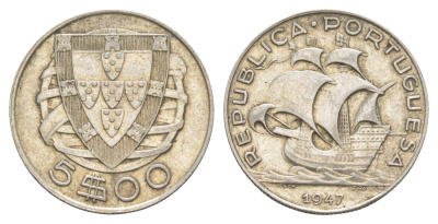 Португалия 5 эскудо 1947 KM 581 серебро 4652-131