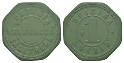 Чили, Луизис (Luisis), Антофагаста шахтерский жетон с Селитряного рудника для покупки в местных магазинах, номиналом в 1 песо около 1905 размер 42x42 мм, вес 4,70 гр Espinosa 189.3 эбонит (зеленый) 1078-1-53