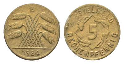 Германия игровой жетон в 5 рентенпфеннигов 1924 диаметр 18 мм, вес 0,2 гр картон 4702-1012