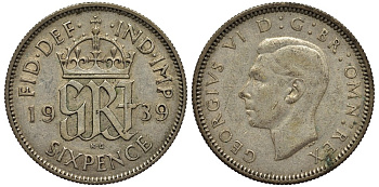 Великобритания 6 пенсов 1939 Георг VI (1936-1952) KM 852, Spink 4084 серебро 4538-426