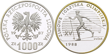 Польша 1000 злотых 1987 MW, XV зимние Олимпийские игры 1988 года в Калгари, лыжник, PROBA, проба, тираж 10000 экз. KM Pr 565, Parchimowicz P.492a серебро PROOF 1085-2-25