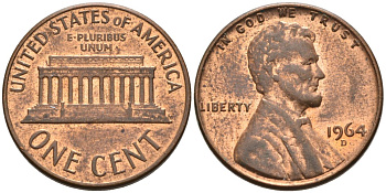 США 1 цент 1964 D, Линкольн KM 201 медь цинк 4564-435