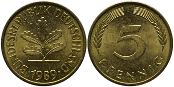 ФРГ 5 ПФЕННИГОВ 1989 J KM 107, J. 382 сталь плакированная латунью 33-222
