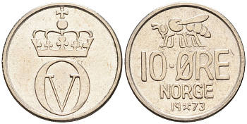 Норвегия 10 эре 1973 пчела, Улаф V (1958-1991) KM 411 медно-никель 4580-968