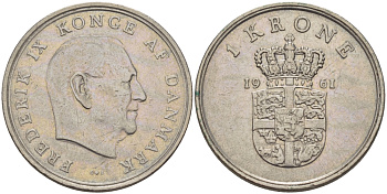 ДАНИЯ 1 КРОНА 1961 C; S, ФРЕДЕРИК IX (1947-1972) KM 851.1 медно-никель 67-556