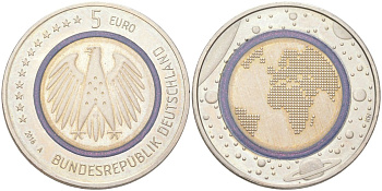 Германия 5 евро 2016 A, Планета Земля KM 348 триметалл BU 1529-315