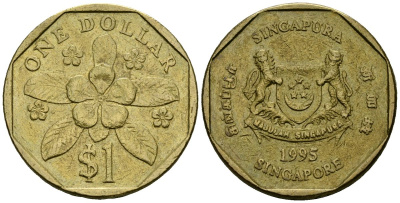 Сингапур 1 доллар 1995 барвинок KM 103 алюминиевая бронза 4138-542