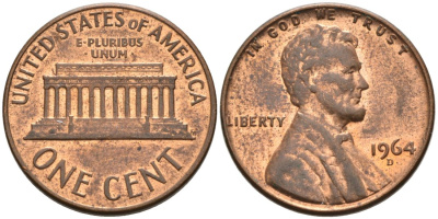 США 1 цент 1964 D, Линкольн KM 201 медь цинк 4564-435