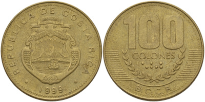 КОСТА-РИКА 100 КОЛОН 1999 со KM 230а.1 латунь 82-246