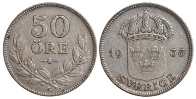 Швеция 50 эре 1935 G, Густав V (1907-1950) KM 788 серебро 4179-944