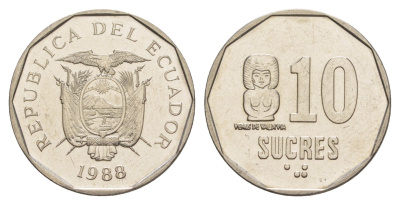 Эквадор 10 сукре 1988 KM 92.1 сталь плакированная никелем UNC 4641-714